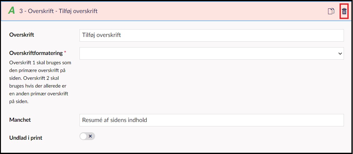 Slet overskriftsmodul