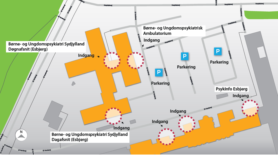 Oversigtskort til Psykiatrisk Afdeling Esbjerg, Gl. Vardevej