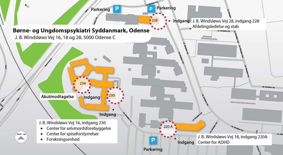 Oversigtskort til Børne- og Ungdomspsykiatri på J. B. Winsløws Vej i Odense