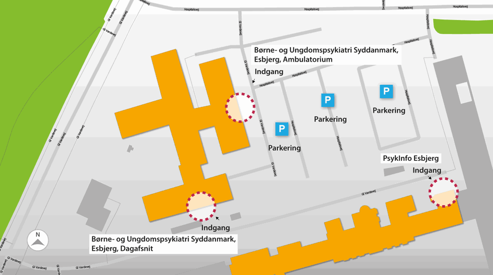 Oversigtskort til Børne- og Ungdomspsykiatri Syddanmark i Esbjerg