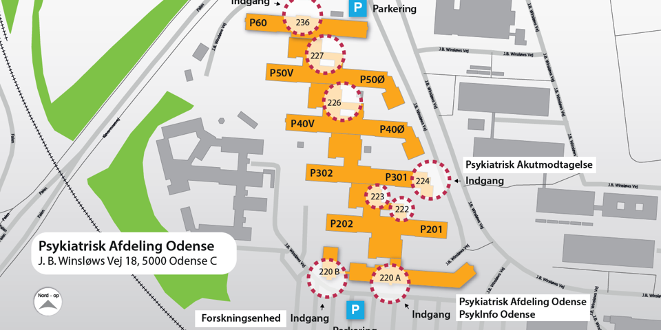 Oversigtskort til Psykiatrisk Afdeling Odense J. B. Winsløws Vej